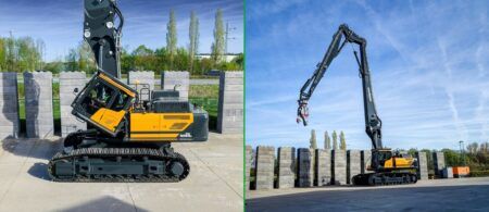 A split image showing the Hyundai HX520A HRD excavator in two configurations – on the left, a side view of the 52-tonne base machine with a standard earthmoving front end; on the right, the same machine fitted with an ultra-high reach demolition boom extended upright against a blue sky