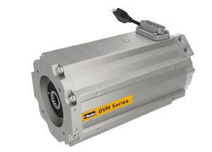 A cylindrical aluminium-housed Parker GVM Series electric motor with a pigtail connector on top and yellow GVM Series branding on the side