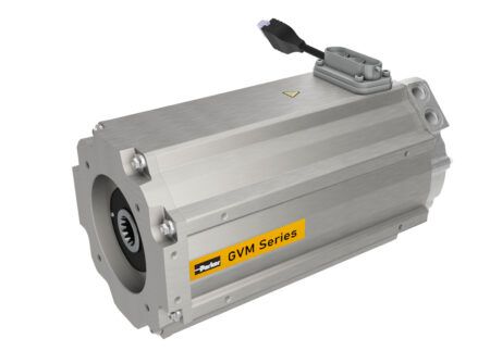 A cylindrical aluminium-housed Parker GVM Series electric motor with a pigtail connector on top and yellow GVM Series branding on the side