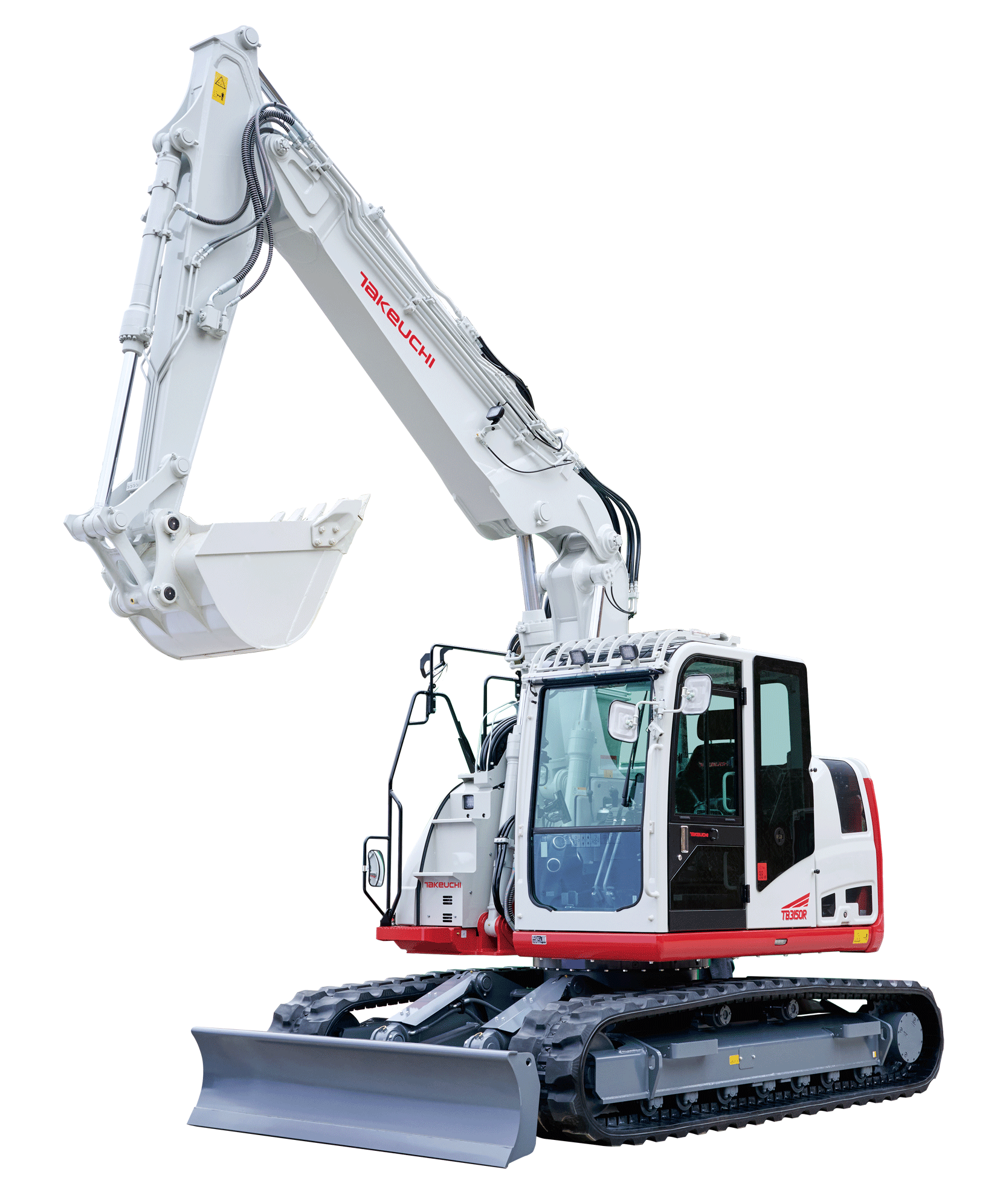 Studio photograph of the Takeuchi TB3150R reduced tail swing crawler excavator on a white background, shown in white and red livery with boom and bucket extended, rubber tracks and front-mounted dozer blade visible