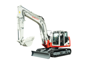 Studio photograph of the Takeuchi TB3150 crawler excavator on a black background, shown in the manufacturer's white and red livery with boom and bucket extended, rubber tracks and front-mounted dozer blade visible