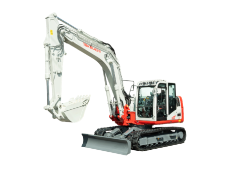 Studio photograph of the Takeuchi TB3150 crawler excavator on a black background, shown in the manufacturer's white and red livery with boom and bucket extended, rubber tracks and front-mounted dozer blade visible