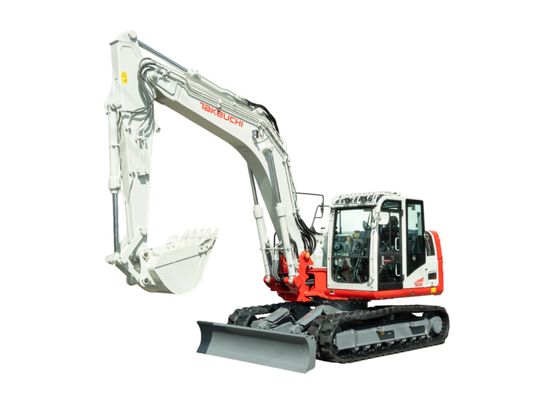 Studio photograph of the Takeuchi TB3150 crawler excavator on a black background, shown in the manufacturer's white and red livery with boom and bucket extended, rubber tracks and front-mounted dozer blade visible