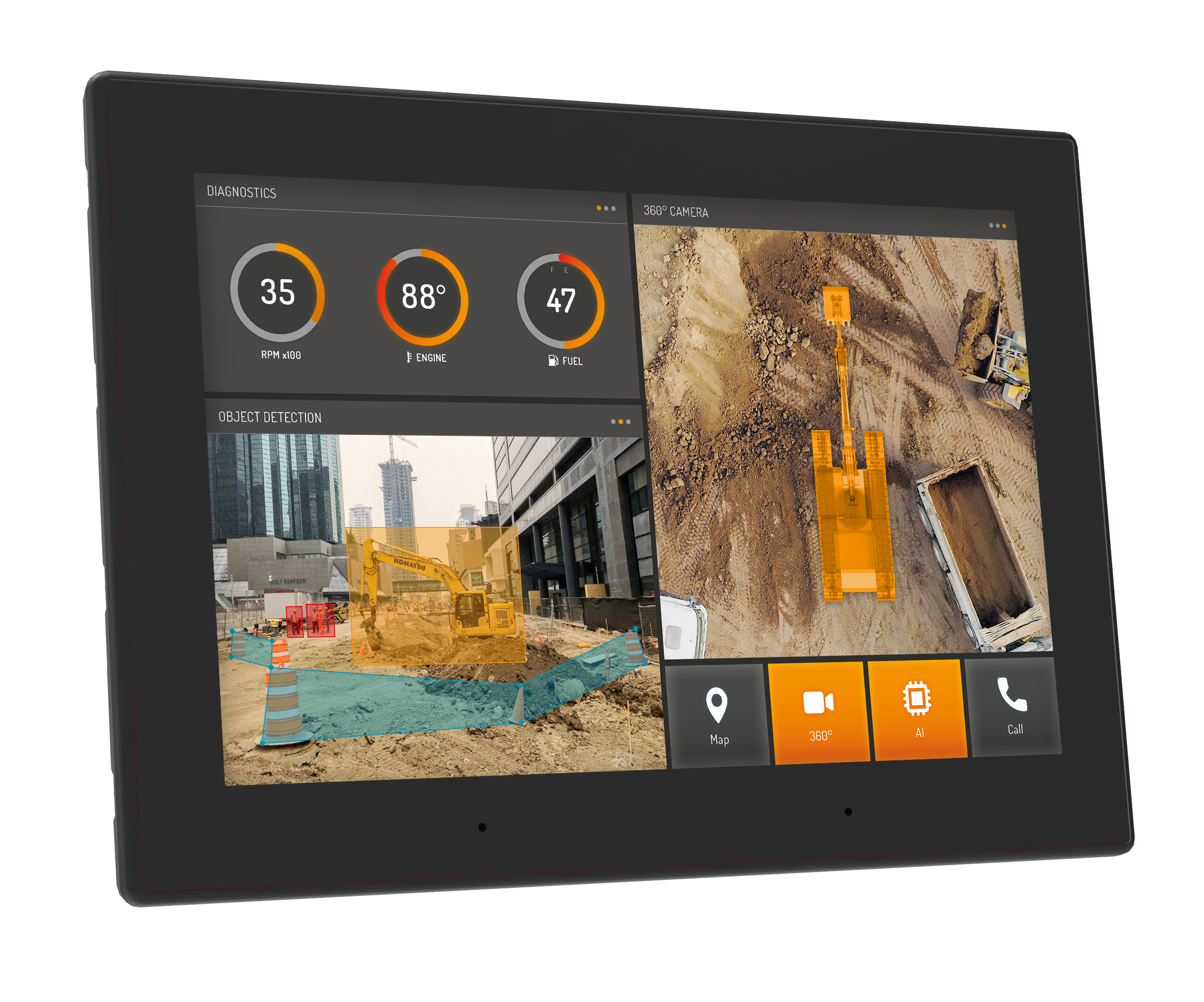 A front-on view of a CrossControl CCpilot display computer on a black background. The screen is divided into panels showing diagnostics gauges for RPM, engine temperature and fuel level in the top left; a 360-degree overhead camera view of an excavator on a construction site in the top right; and an object detection view with highlighted zones around an excavator on an urban jobsite in the bottom left. Navigation buttons for map, 360-degree camera, AI and call functions are visible along the bottom of the screen.