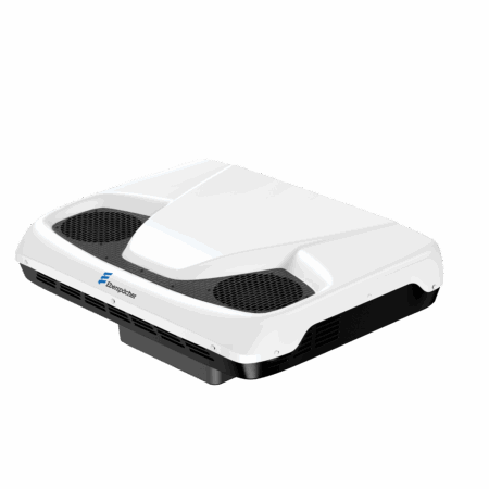 Eberspächer expands Cooltronic parking cooler range with two new hatch models Product render of an Eberspaecher Cooltronic 2000 G3 Hatch parking cooler, shown from a three-quarter angle on a black background. The unit has a white moulded plastic housing with two black mesh-covered fan grilles and an Eberspaecher logo on the side.