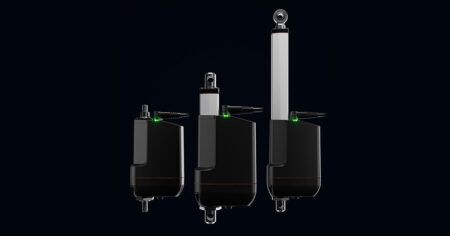 Linak launches compact LA21 electric actuator Three Linak LA21 electric actuators of varying stroke lengths shown side by side against a dark background, each with green status indicators illuminated