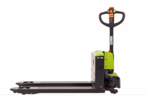 Side view of a Clark electric low-lift pallet truck with grey forks, green motor housing, an upright black tiller arm with red and orange controls, and a visible Li-ion battery label on the side
