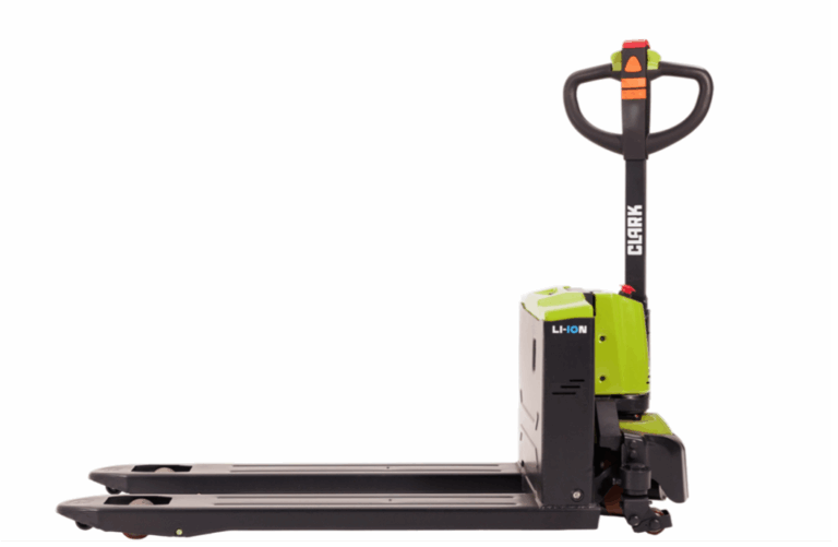 Clark expands electric pallet truck range with five new models Side view of a Clark electric low-lift pallet truck with grey forks, green motor housing, an upright black tiller arm with red and orange controls, and a visible Li-ion battery label on the side