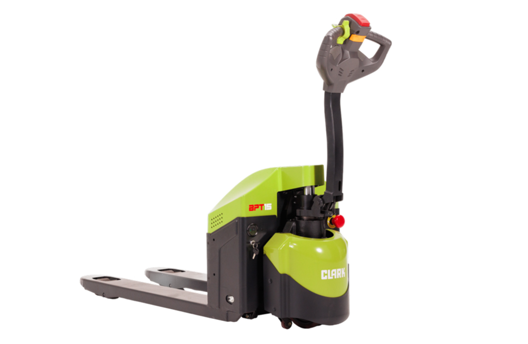 Front-angled view of the Clark BPT15 electric pallet truck with grey forks, a green and black body marked with the BPT15 model name, and an upright tiller handle with red and grey controls