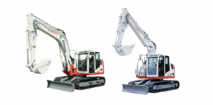 Two white and red Takeuchi tracked excavators shown side by side against a white background, both fitted with front dozer blades — the TB3150 offset boom model on the left and the TB3150R fixed boom model on the right