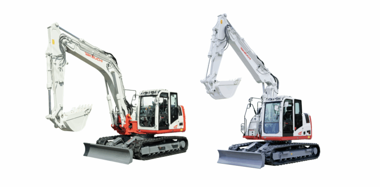 Two white and red Takeuchi tracked excavators shown side by side against a white background, both fitted with front dozer blades — the TB3150 offset boom model on the left and the TB3150R fixed boom model on the right