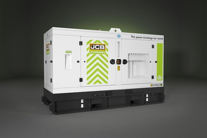 CGI render of the JCB G60RS H hydrogen generator set, a large white cabinet-style enclosure with green chevron markings, JCB Hydrogen branding on the door panel, and fork pockets and lifting points visible at the base, set against a dark green background