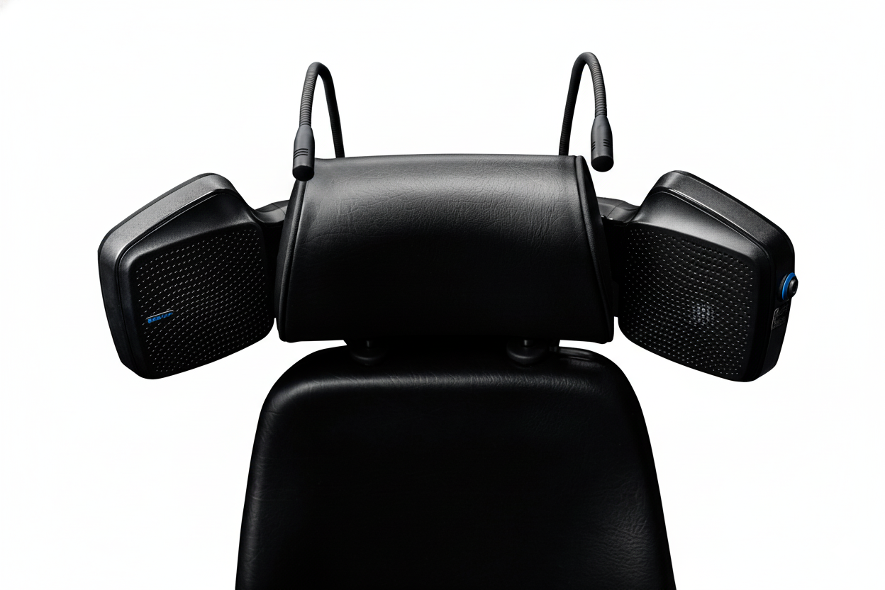 Close-up rear view of the Ancor headrest with dual speaker modules and gooseneck microphones.