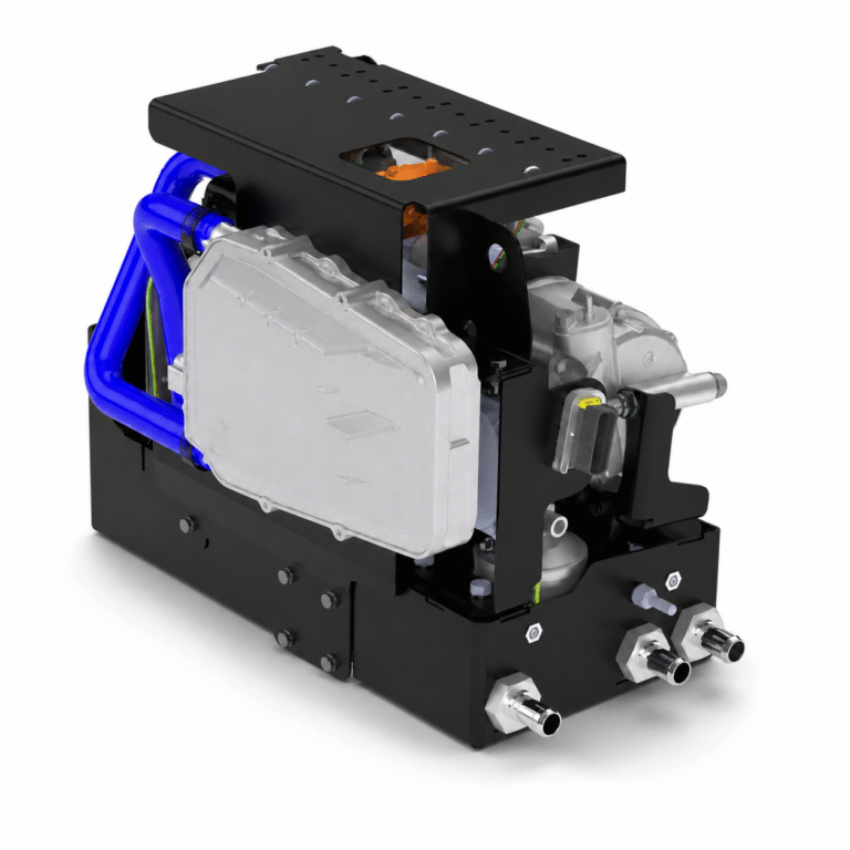 Product render of the Calatherm BTMS 1 (800V) battery thermal management system, showing blue coolant pipework, integrated water heater and CAN-controlled unit mounted on a black chassis frame.