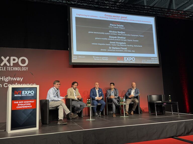 Harsh environments and high voltages headline iVT Expo electrification session (Left to right) Moderator Pierre Delat, CTO at Cisoit, Hyster-Yale's Joost Hoogduin, CNH's Dr Stefano Fiorati, Scania's Deepak Shekhar, Volvo CE's Ahcène Nedjimi