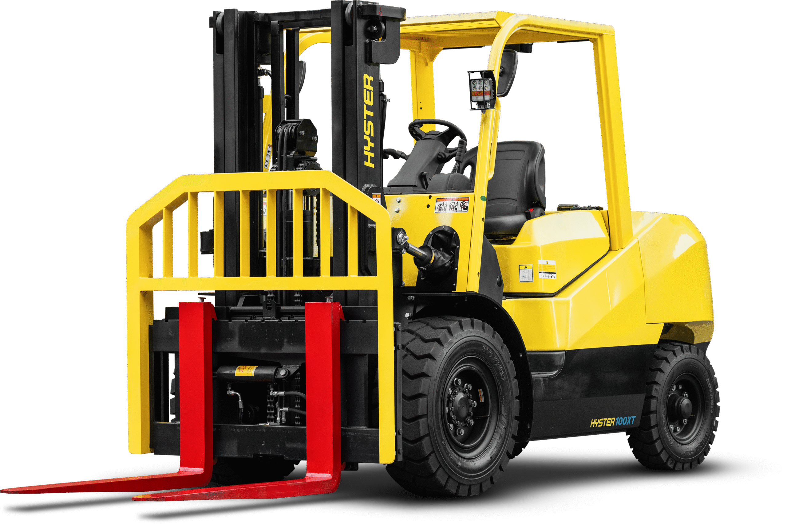 Studio render of a yellow Hyster 100 XT counterbalance forklift viewed from the front three-quarter entry side.