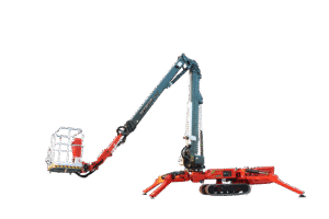 Sinoboom SPA27EJ electric spider lift with boom extended at an angle, mounted on a red tracked and outriggered base