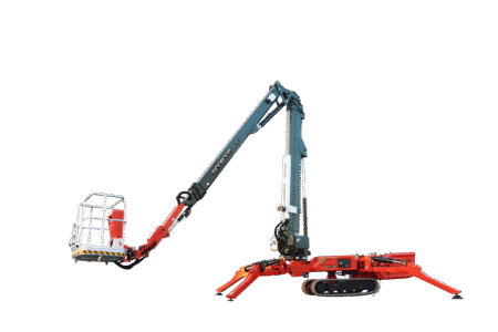 Sinoboom SPA27EJ electric spider lift with boom extended at an angle, mounted on a red tracked and outriggered base