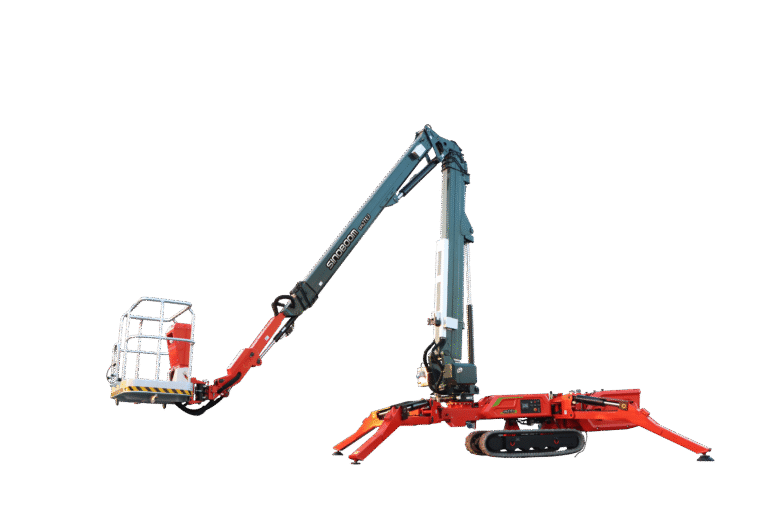 Sinoboom SPA27EJ electric spider lift with boom extended at an angle, mounted on a red tracked and outriggered base
