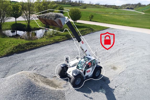 White telehandler lifting a loaded bucket on a gravel site, outlined and marked with a red padlock shield icon