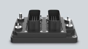 Würth Elektronik ICS Splitter C2-PE4, a black PCB-based grounding module with two multi-pin connector blocks and mounting studs