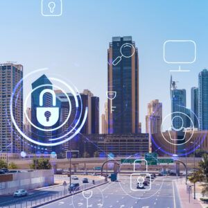 Urban skyline overlaid with digital security icons including a padlock, key, magnifying glass and user symbol