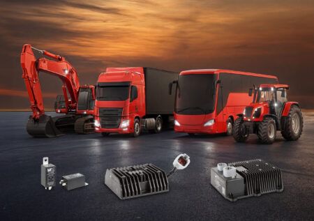 Würth Elektronik ICS launches DC/DC converter range for mobile machinery Four Würth Elektronik ICS DC/DC converter modules of varying sizes displayed in front of a red excavator, truck, coach and tractor