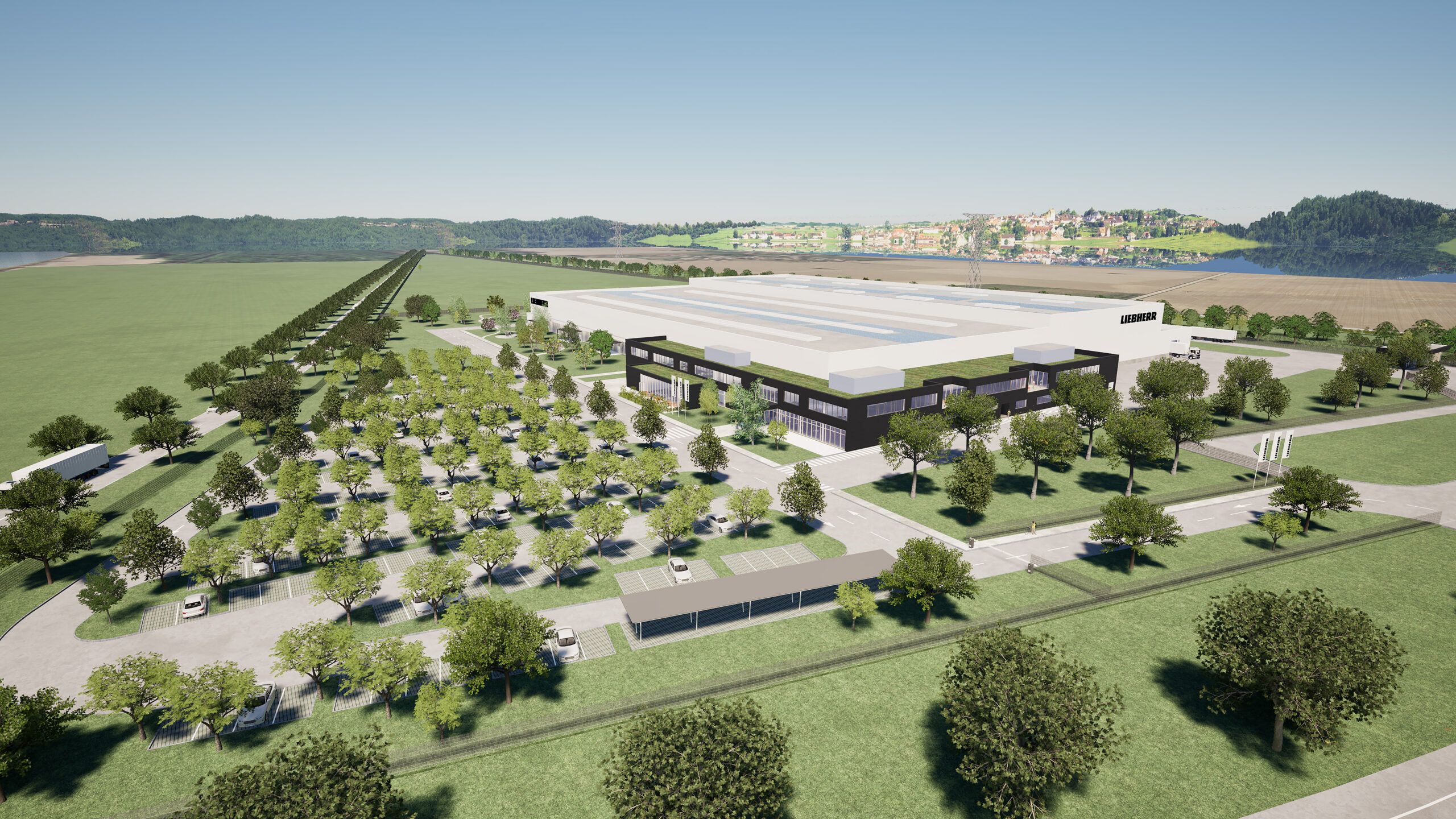 Aerial rendering of the completed Liebherr plant with a large white production hall, office block and tree-planted car parks among fields