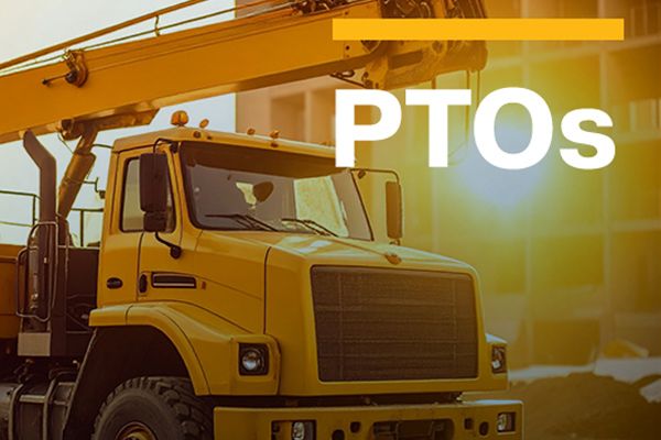 Yellow construction crane truck on a building site, with the word "PTOs" overlaid in white text