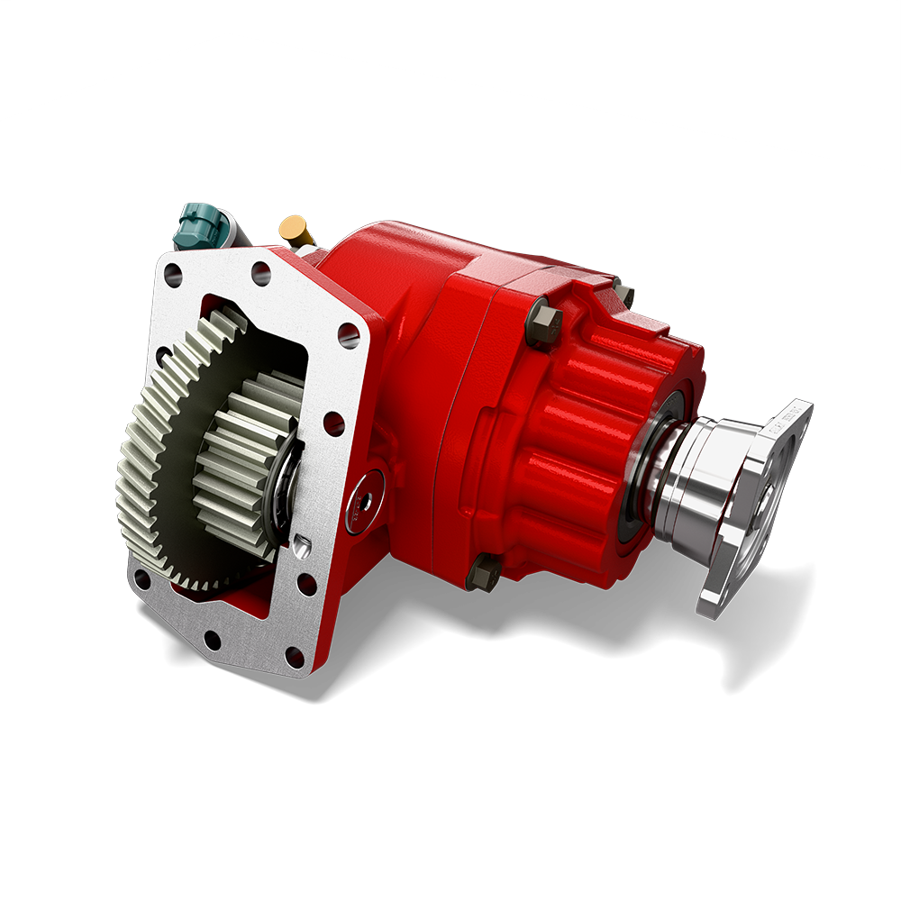 Red Parker Chelsea 871 Series power take-off unit with an exposed silver gearset, cast iron housing, and output shaft coupling