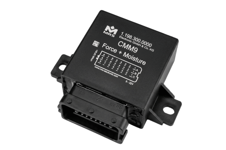 MRS Electronic broadens portfolio with CMM9 measurement module A compact black measurement module with a multi-pin connector on the front face and a wiring diagram printed on the top housing