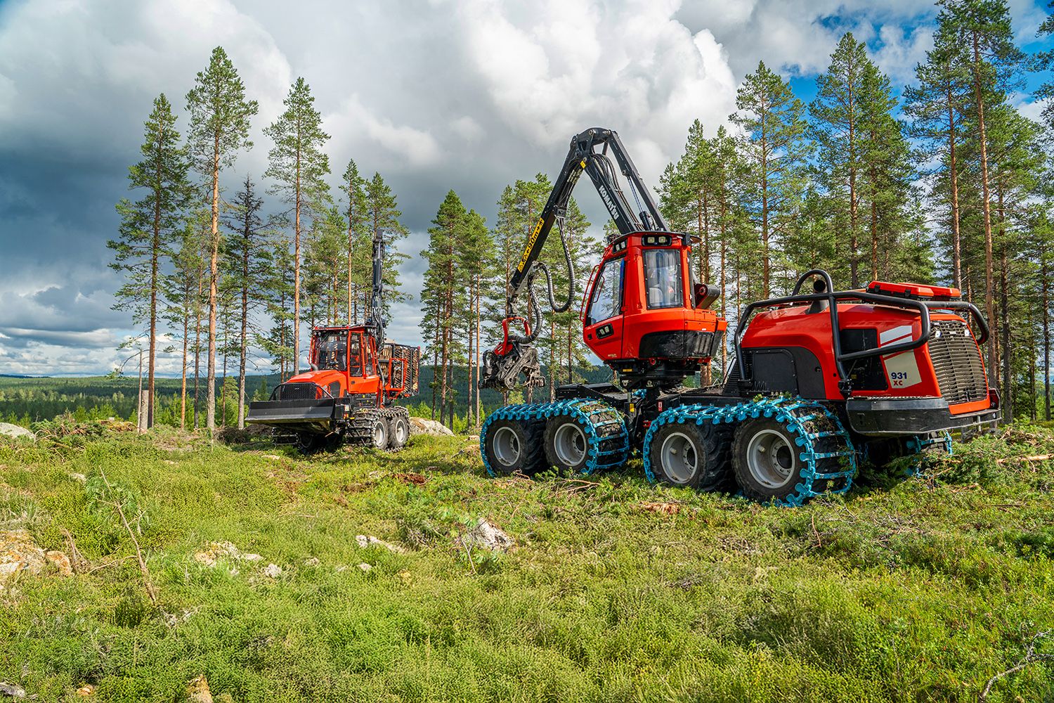 A red Komatsu harvester fitted with tracked bogies and a felling head in the foreground, with a second red machine behind it in a pine forest