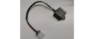 A finned aluminium DC/DC converter with a mounting lug and a wiring harness terminating in a white connector, shown on a plain background.
