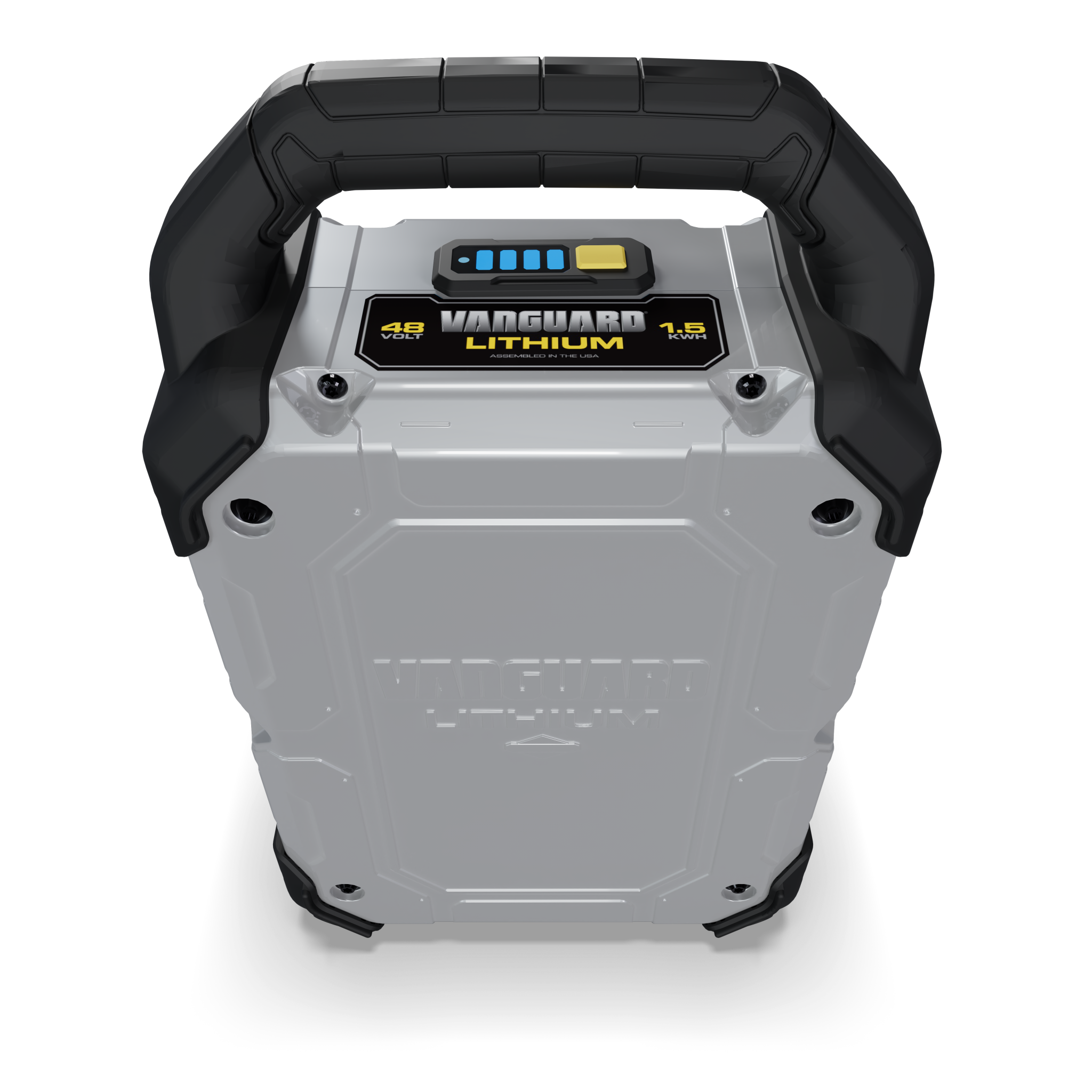 A grey and black Vanguard 48V lithium-ion battery pack with a carrying handle and a charge-level indicator on top