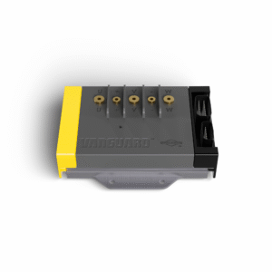 A grey Vanguard motor controller with a yellow end cap, five brass terminals labelled U, V and W, and two black connector ports