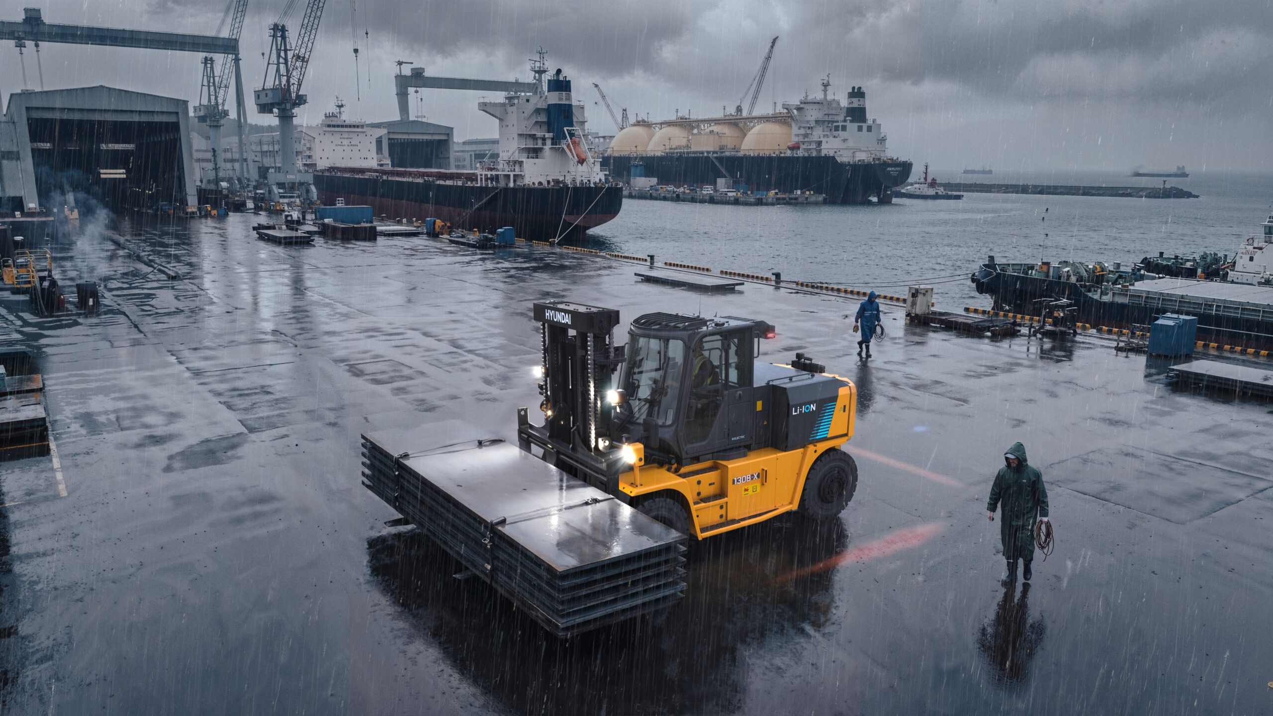 Hyundai 130B-X electric forklift handling steel plate at a rain-soaked harbour