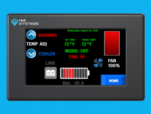 Product render of the HMI Systems 750MDI Media Display Interface, a 7-inch rugged touchscreen unit shown against a plain background