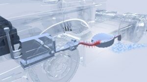 A CGI cutaway of a commercial vehicle chassis showing the silver De-Hydrator and exhaust air module mounted beneath, with a red signal line and a pale blue vapour plume at the outlet.