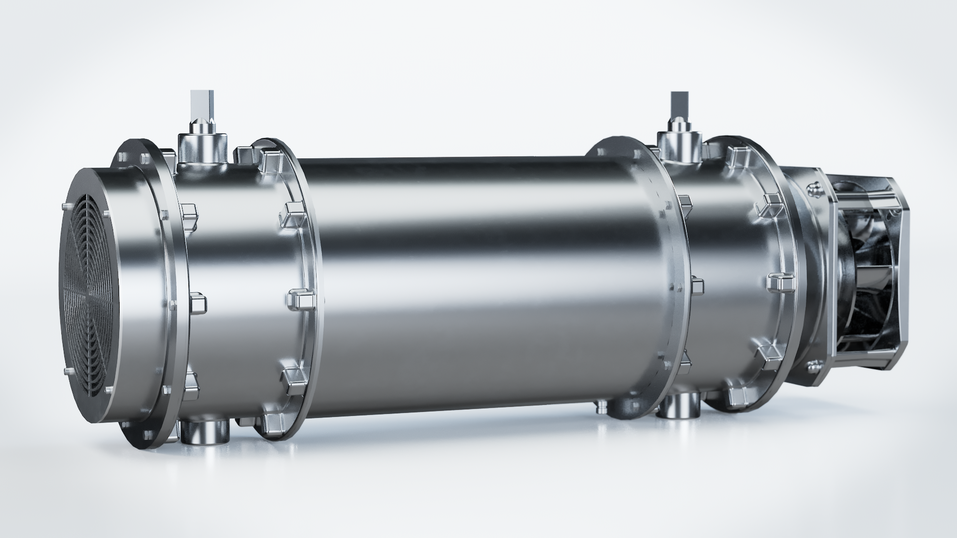 Alt text: A studio render of the cylindrical stainless-steel direct air capture reactor with flanged sections, an intake grille at one end and a blower unit at the other, on a light grey background.