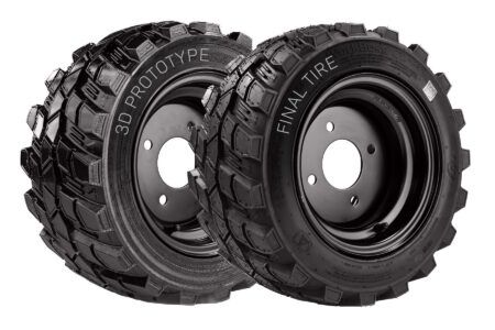 A side-by-side comparison of a 3D-printed prototype tire and the corresponding finished production tire from OTR3DLab