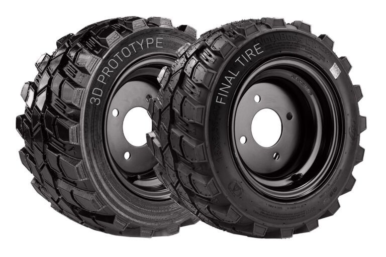 OTR launches 3D printing service for off-highway tyre prototypes A side-by-side comparison of a 3D-printed prototype tire and the corresponding finished production tire from OTR3DLab