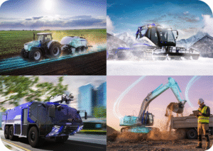 A four-panel composite image shows a tractor towing equipment across a field, a snowcat on a snowy mountainside, a fire-rescue vehicle on a city street, and an excavator loading a truck beside a worker in hi-vis, each overlaid with blue digital motion-trail graphics