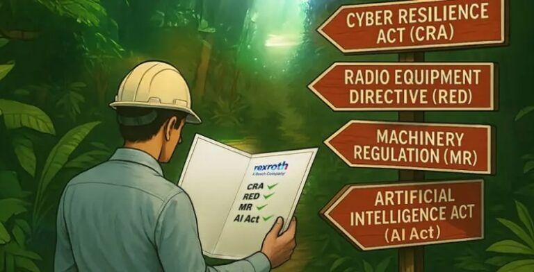 Illustration of a worker in a hard hat reading a Bosch Rexroth compliance checklist ticked off for CRA, RED, MR and AI Act, facing signposts for the Cyber Resilience Act, Radio Equipment Directive, Machinery Regulation and Artificial Intelligence Act