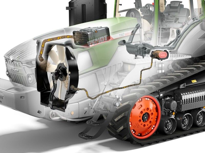 CGI cutaway illustration of the Fendt 1100 Vario MT front end, revealing the engine fan, radiator and air-routing of the dust-extraction system, with the orange drive wheel and track exposed