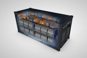 A cutaway illustration of a shipping container-sized unit branded Volvo Penta, showing rows of battery modules, cooling equipment and orange and blue cabling arranged inside