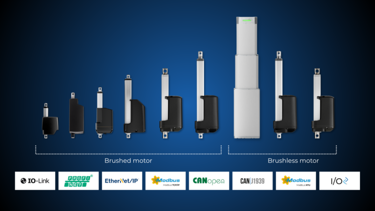 Linak adds interface choice to IC actuators A product render on a dark blue background showing a row of Linak electric linear actuators and a lifting column, grouped under "Brushed motor" and "Brushless motor" labels, above eight white tiles displaying industrial interface logos including IO-Link, PROFINET, EtherNet/IP, Modbus, CANopen, CAN J1939 and Linak I/O.