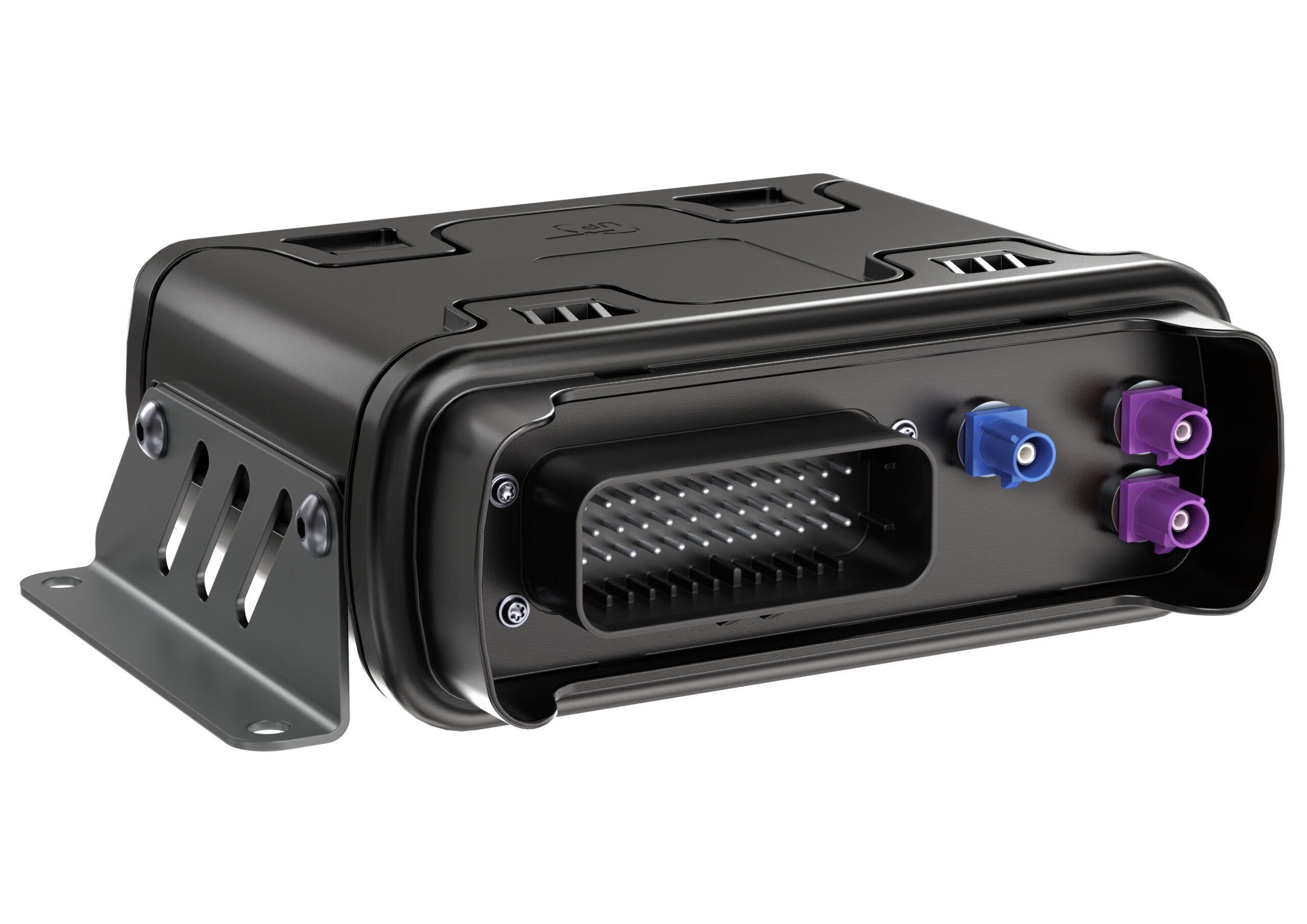 Product render of a black ruggedised Owasys telematics control unit on a mounting bracket, showing a multi-pin connector and blue and purple coaxial antenna connectors.