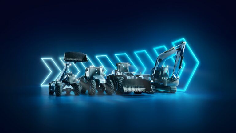 Bosch Rexroth expands telematics portfolio with Owasys CGI render of four off-highway machines – a telehandler, tractor, wheel loader and crawler excavator – lined up in front of glowing blue chevron graphics on a dark background