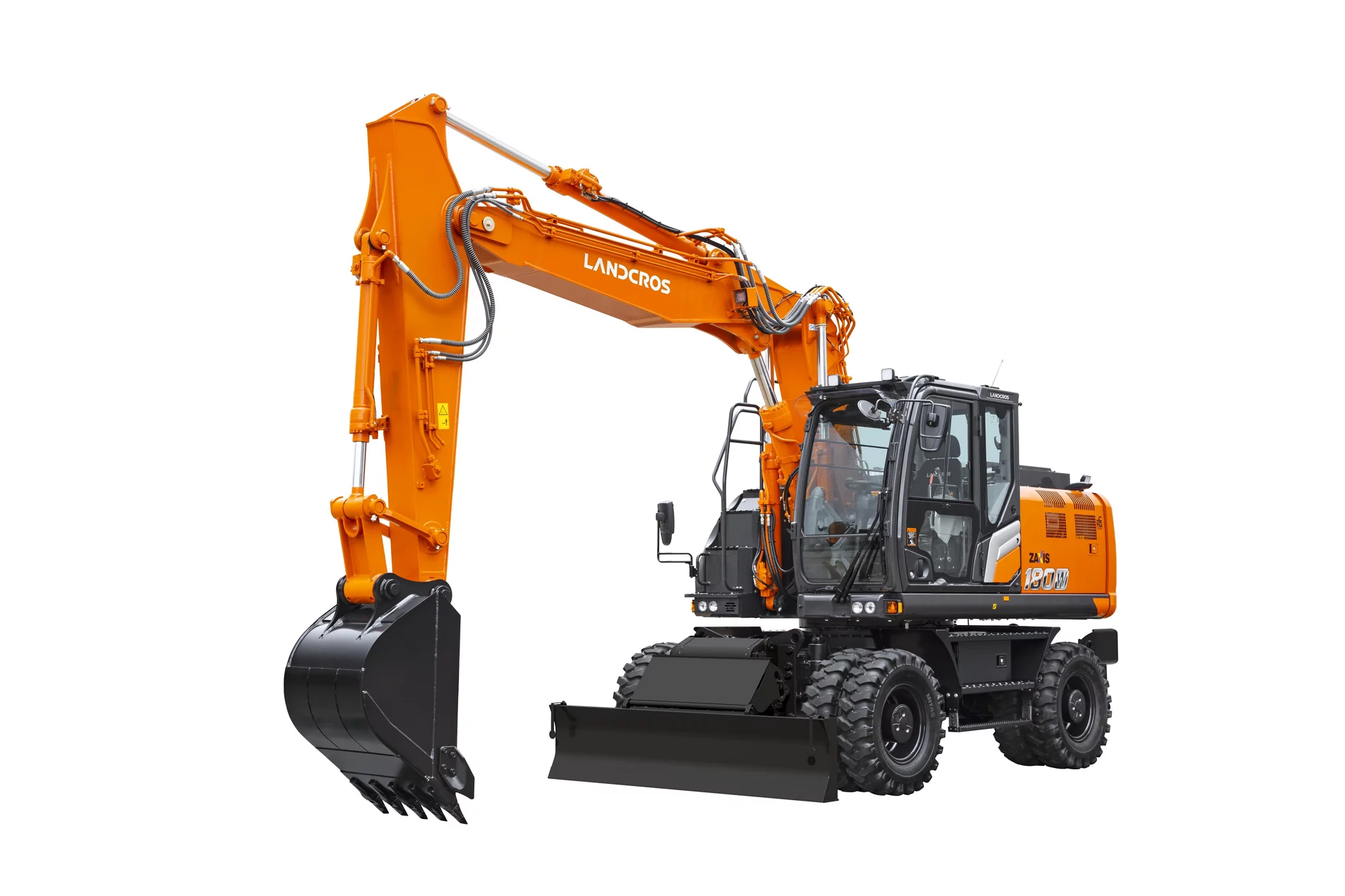 An orange Landcros-branded Zaxis 180W wheeled excavator on a white background, fitted with a two-piece boom, digging bucket and a front dozer blade.