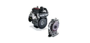 An FPT F28 diesel engine shown alongside a separate disc-shaped electric motor module with visible copper windings, against a white background.